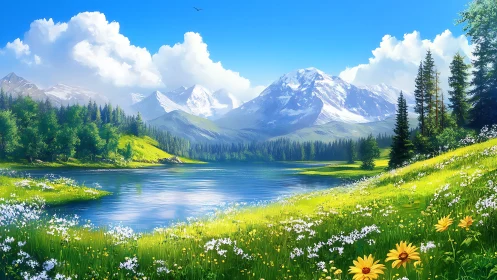 Luminous alpine lake with wildflower meadow and distant peaks.