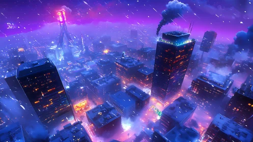Neon-lit cyberpunk skyline under dynamic snow and volumetric haze
