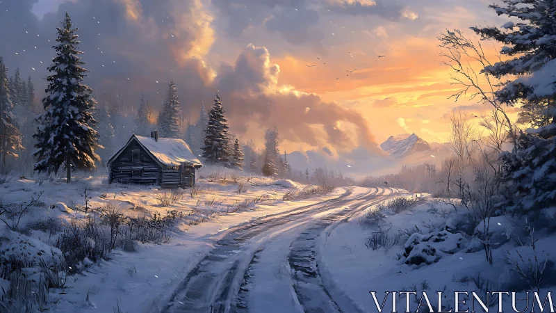 Snowy mountain track curving past sunset-lit forest cabin.