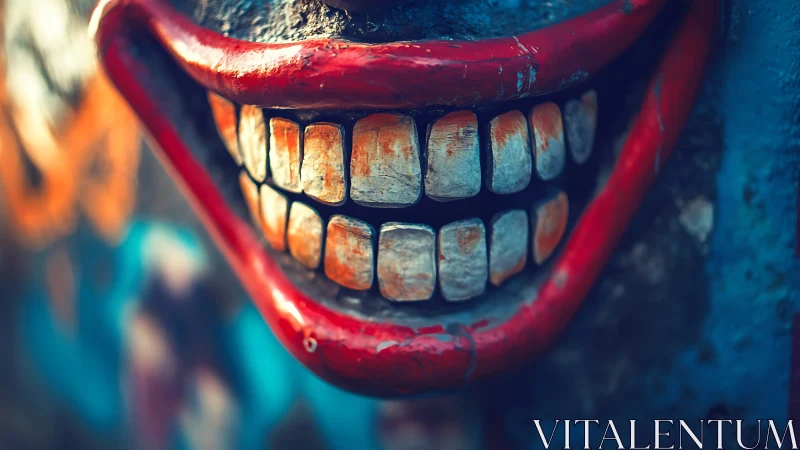 Close-up of worn painted grin on urban graffiti wall.