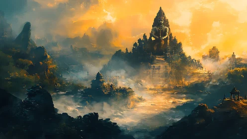 Sun-drenched mountain god watches misty temples awaken