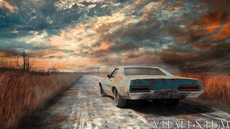 Rusty muscle car stands on muddy rural road at sunset