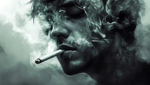 Moody profile of a smoking man dissolving into swirling haze