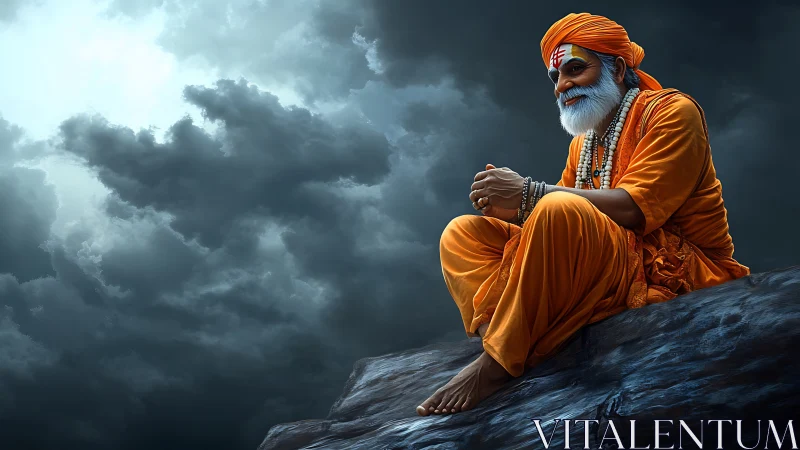 Elderly holy man in orange robes sits on rocky ledge