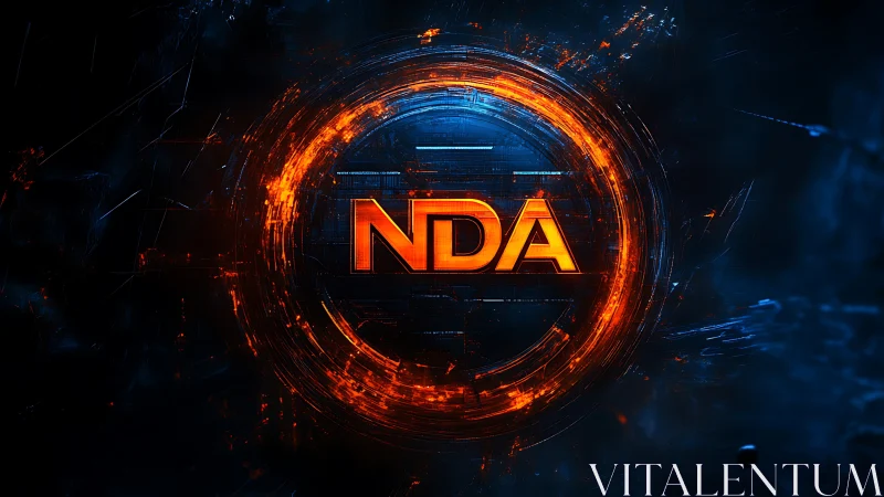 Glowing NDA logotype pulses within circular cyber shield