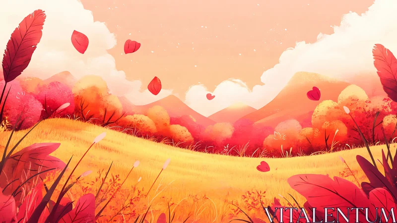 Digital painting of romantic autumn valley with warm palette.