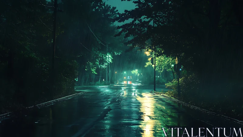 Rain-soaked forest road under sodium vapor street lighting