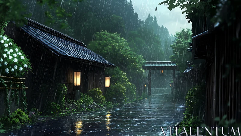 Rain-soaked traditional Japanese street rendered in cinematic anime