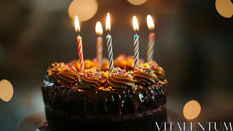 Chocolate birthday cake with lit candles and sprinkles.