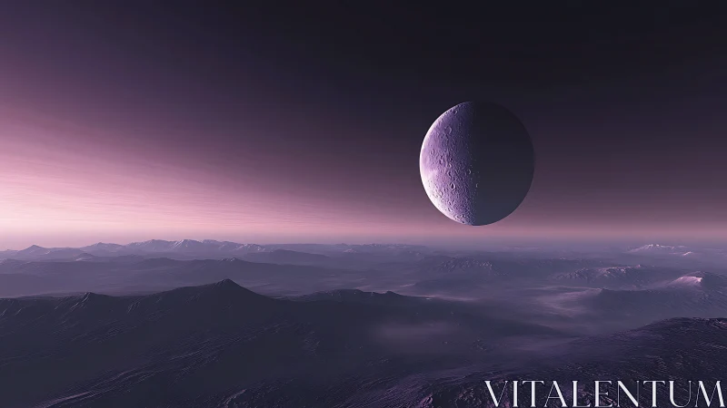 Violet alien moon rises over silent frozen mountain plains
