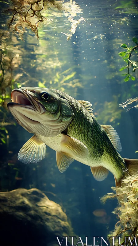Subsurface sunbeams revealing largemouth bass hydrodynamics.