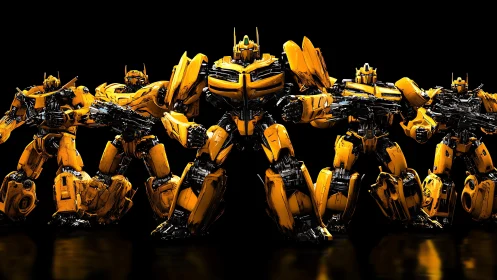 Row of armored yellow mechs in dramatic battle stance.