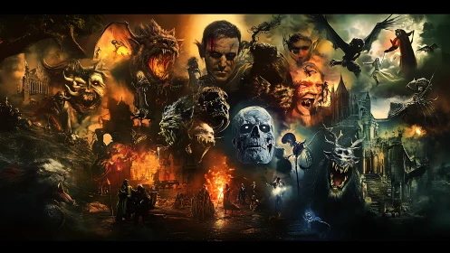 Infernal siege of gothic citadel in blazing nightmare panorama.