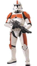 Orange-armored galactic trooper stands ready with polished blaster.