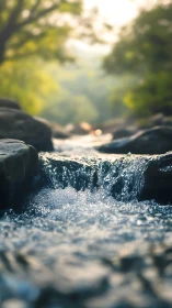 Sunlit forest stream cascades over smooth river stones.