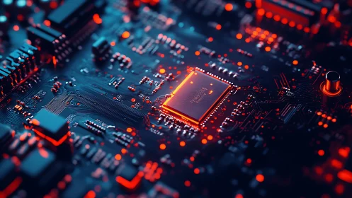 Glowing central processor unit illuminates cybernetic circuit plane