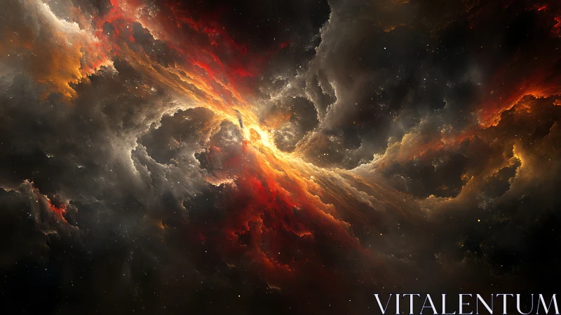 Stellar firestorm swirling through dark cosmic clouds.