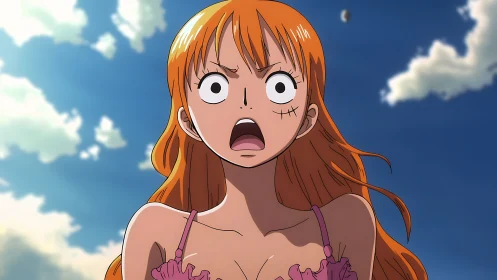 Shocked orange-haired anime girl under bright summer sky.