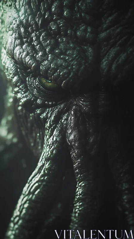 Alien creature&rsquo;s eye glows in cinematic green shadow