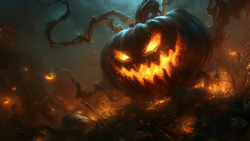 Fiery evil jack o lantern dominates dark haunted pumpkin field.