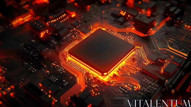 Central processor chip glowing on dense circuit board