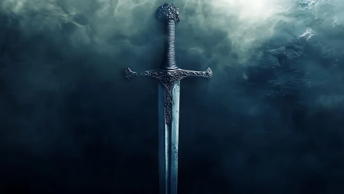 Weathered fantasy sword resting in soft swirling mist.