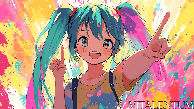 Colorful anime girl with twin tails against paint splashes.