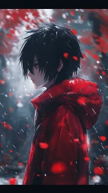 Solitary anime boy in red cloak amid falling crimson petals.