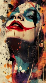 Female face with smeared clown makeup tilts upward