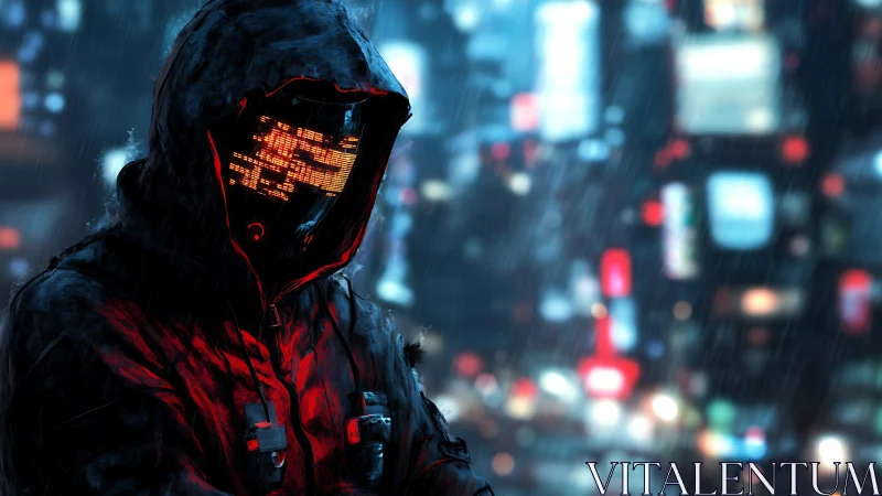 Hooded figure with LED visor stands in rainy neon city