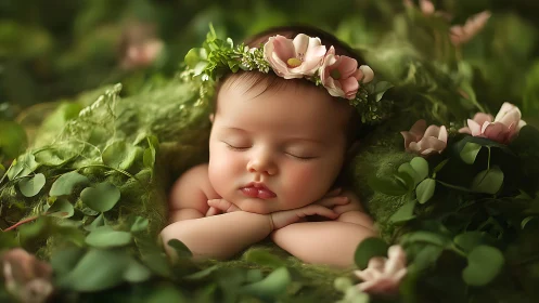 Sleeping Infant with Floral Crown in Garden Setting.