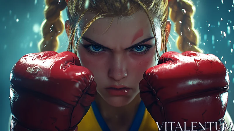 Determined boxer with crimson gloves against atmospheric backdrop.