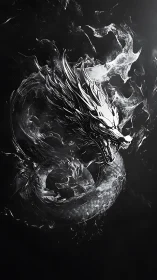 Silver serpentine dragon coils through smoke on black void