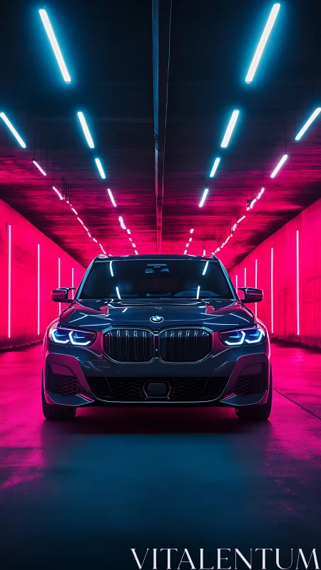 BMW sedan centered in neon lit tunnel at night.