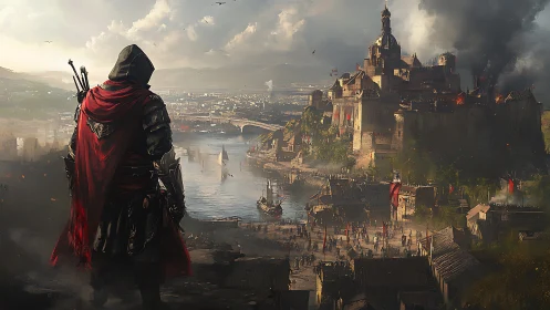 Lone red-cloaked wanderer watching a stormy fortress city.