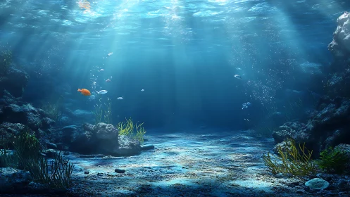 Sunlit shallow seafloor with rocks, fish, and sparse plants.