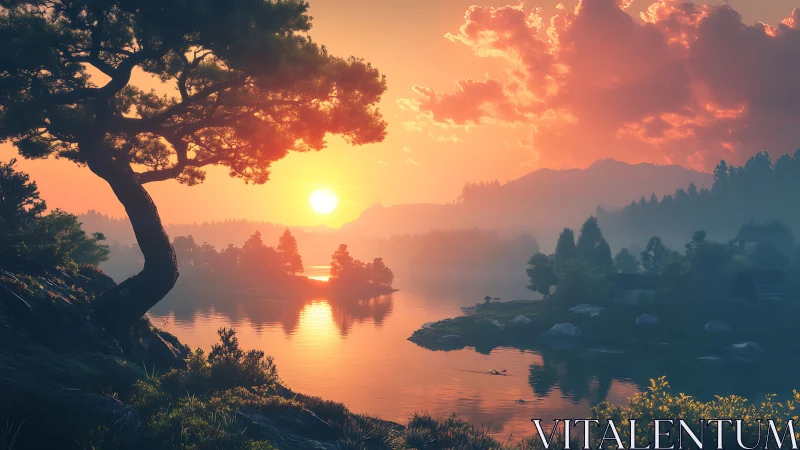 Sunset paints a misty lakeside valley in glowing whispers