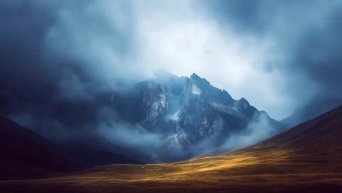 Stormlit mountain cathedral above a lone golden valley.