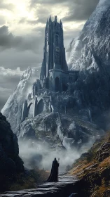 Lone traveler approaches a misty mountain spire of secrets.