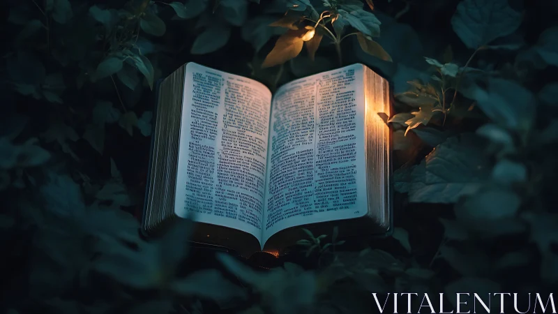 Glowing open book rests in moonlit foliage as knowledge beckons