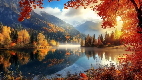 Mountain lake reflects autumn foliage in still conditions