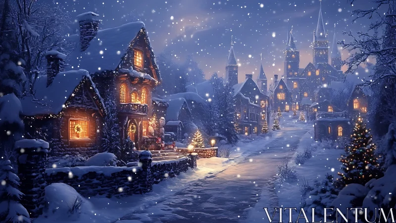 Snow-covered village street glows with warm festive lights