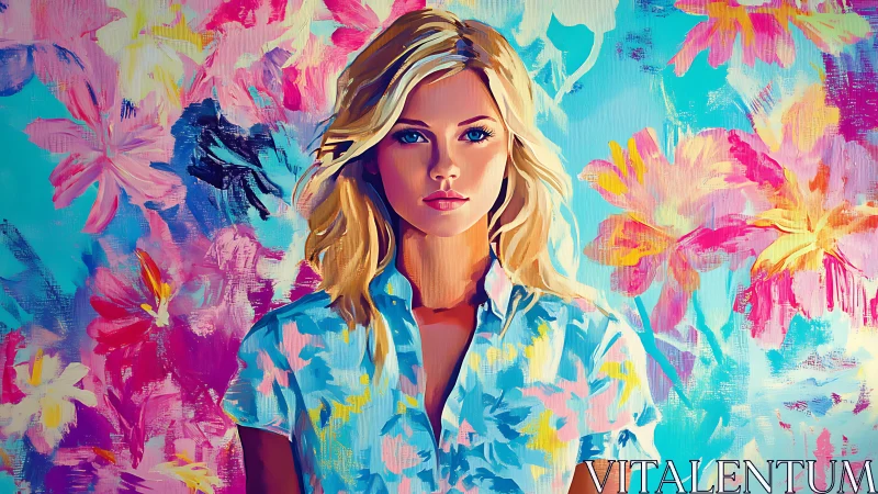 Digital painting portrait amid expressive floral abstraction.