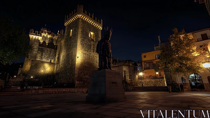 Illuminated stone fortress and royal statue in nocturnal plaza