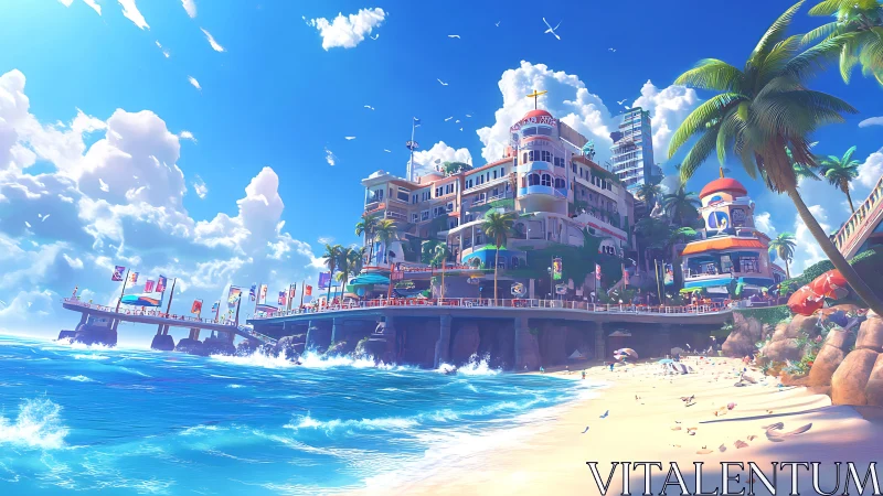 Coastal resort complex with beach and architectural structures under clear sky