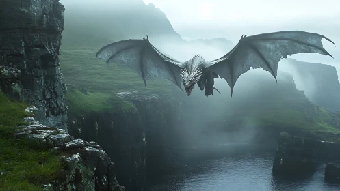 Dragon flies over misty coastal cliffs and narrow fjord
