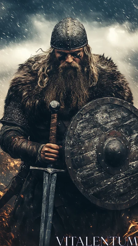 Viking warrior in storm, fur armor, round shield and sword.