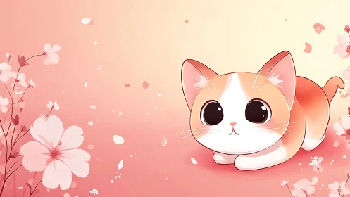 Cute Orange and White Anime Cat with Flowers.