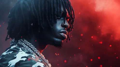 Side profile portrait of man in red and blue dramatic lighting