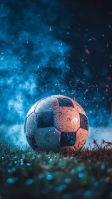 Wet match ball under dramatic blue stadium floodlights.